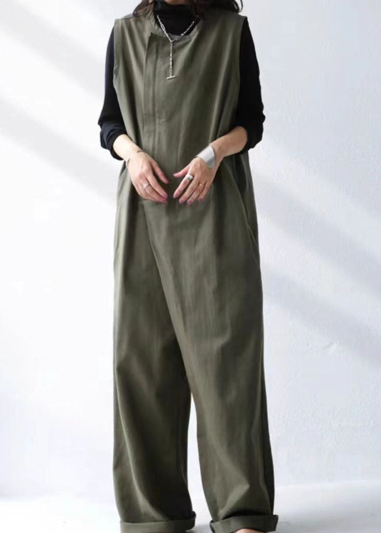 French Tea Green Patchwork Cotton Wide Leg Jumpsuit Summer LY2152