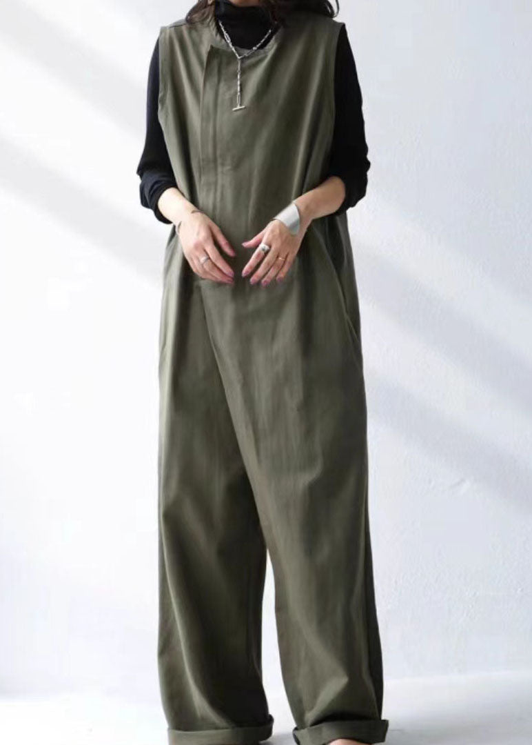 French Tea Green Patchwork Cotton Wide Leg Jumpsuit Summer LY2152 - fabuloryshop