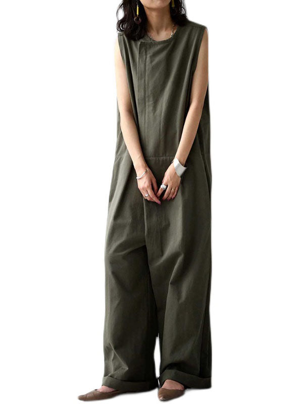 French Tea Green Patchwork Cotton Wide Leg Jumpsuit Summer LY2152