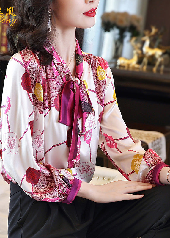 French V Neck Print Neck Tie Silk Shirts Long Sleeve LY0411 - fabuloryshop