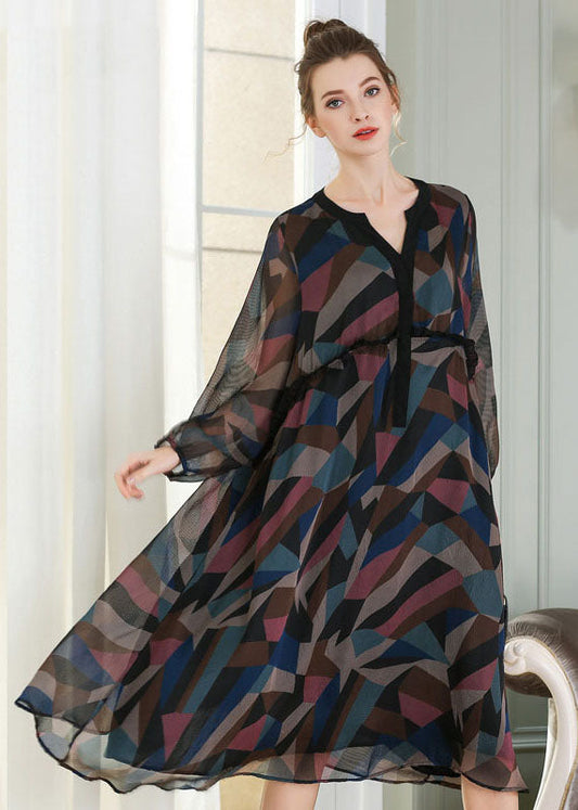 French V Neck Ruffled Patchwork Print Chiffon Maxi Dress Spring LY0314 - fabuloryshop