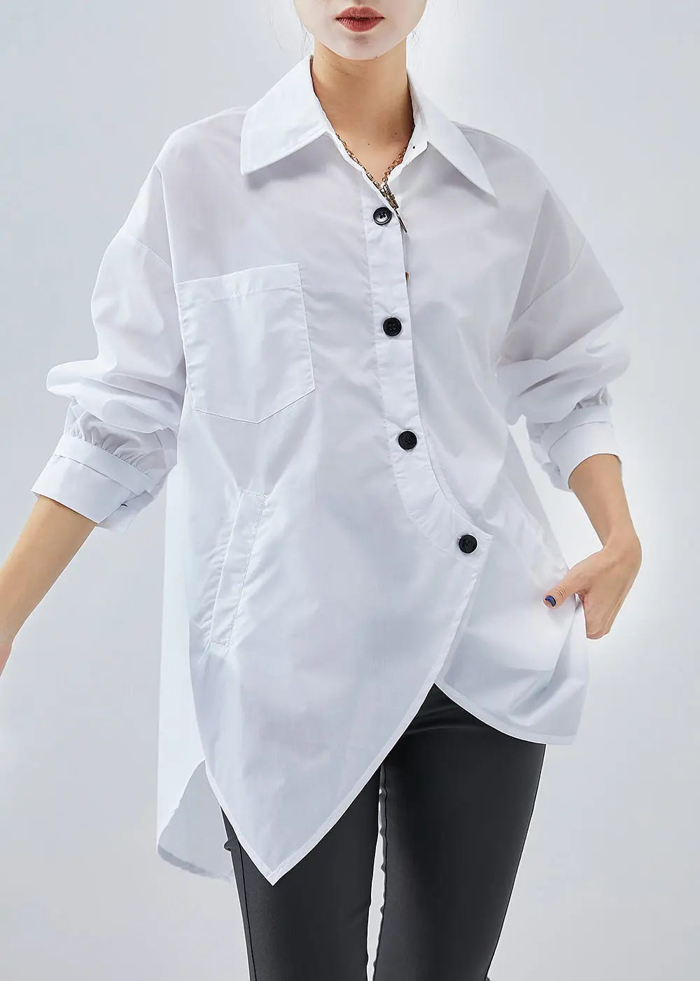 French White Asymmetrical Design Cotton Shirts Fall Ada Fashion