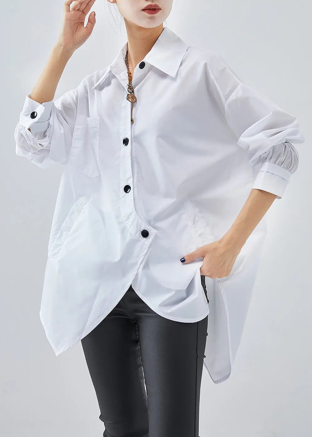 French White Asymmetrical Design Cotton Shirts Fall Ada Fashion