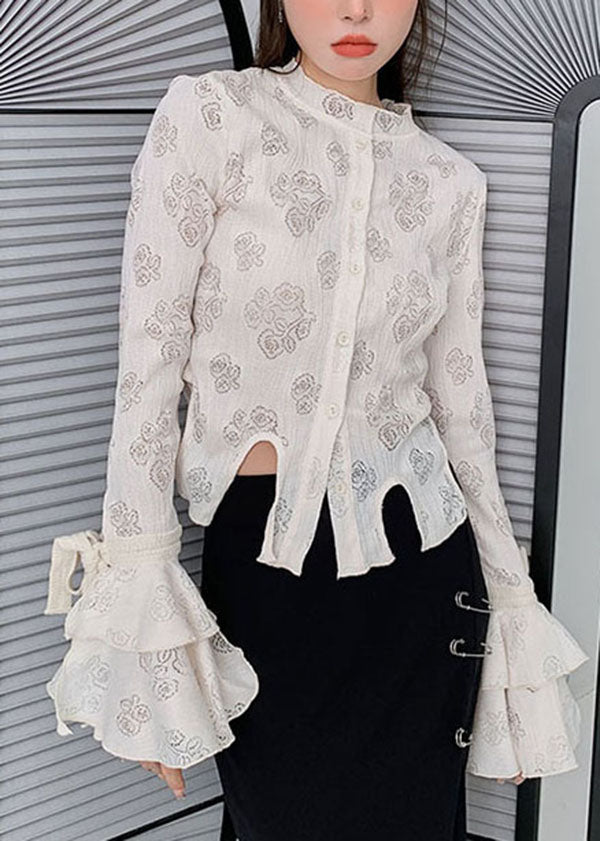 French White Asymmetrical Print Cotton Top Flare Sleeve LY0760 - fabuloryshop