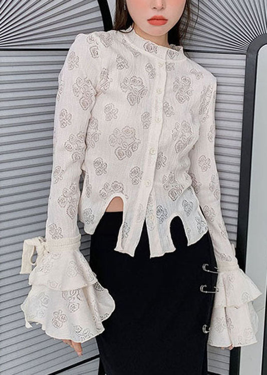 French White Asymmetrical Print Cotton Top Flare Sleeve LY0760 - fabuloryshop