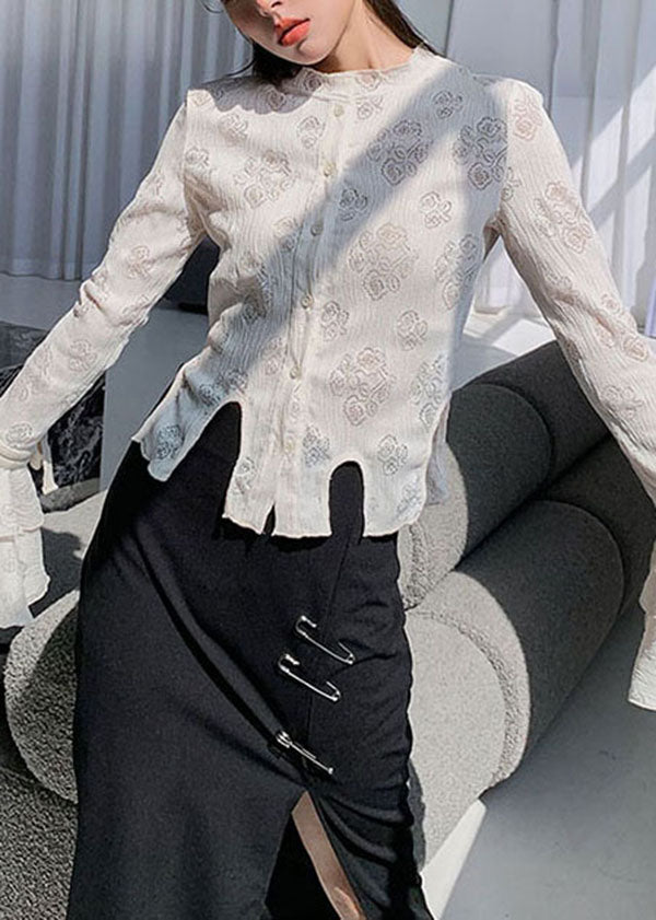 French White Asymmetrical Print Cotton Top Flare Sleeve LY0760 - fabuloryshop
