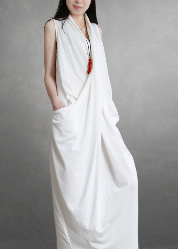 French White Asymmetrical Wrinkled Patchwork Cotton Dresses Summer LY5169 - fabuloryshop