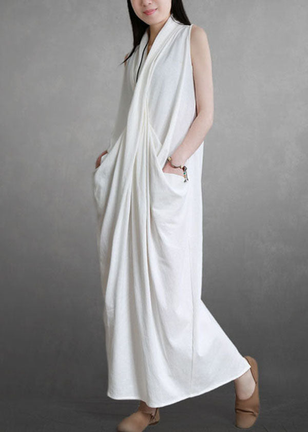 French White Asymmetrical Wrinkled Patchwork Cotton Dresses Summer LY5169 - fabuloryshop