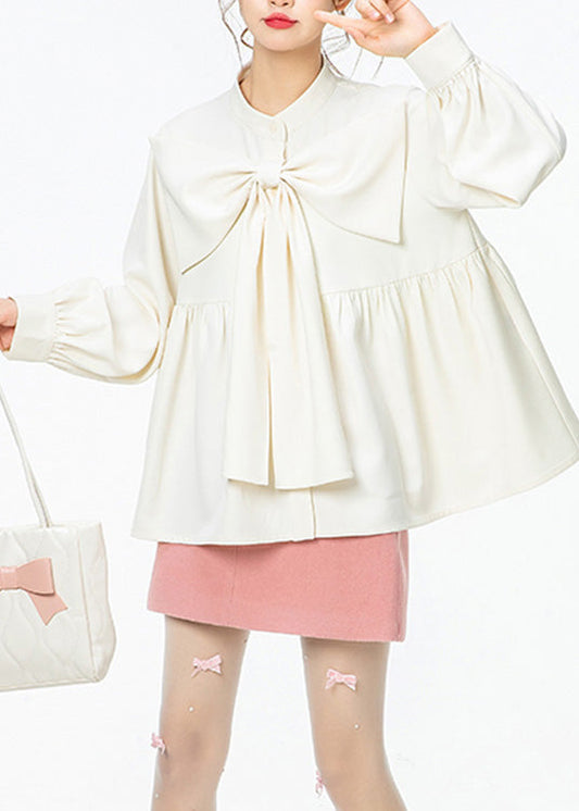 French White O-Neck Wrinkled Bow Solid Shirt Spring LY0801 - fabuloryshop