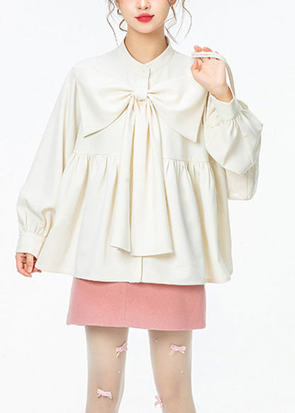 French White O-Neck Wrinkled Bow Solid Shirt Spring LY0801 - fabuloryshop