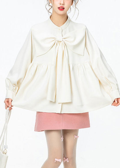 French White O-Neck Wrinkled Bow Solid Shirt Spring LY0801 - fabuloryshop