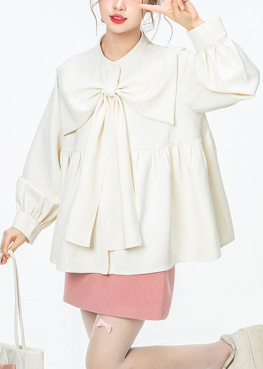 French White O-Neck Wrinkled Bow Solid Shirt Spring LY0801 - fabuloryshop