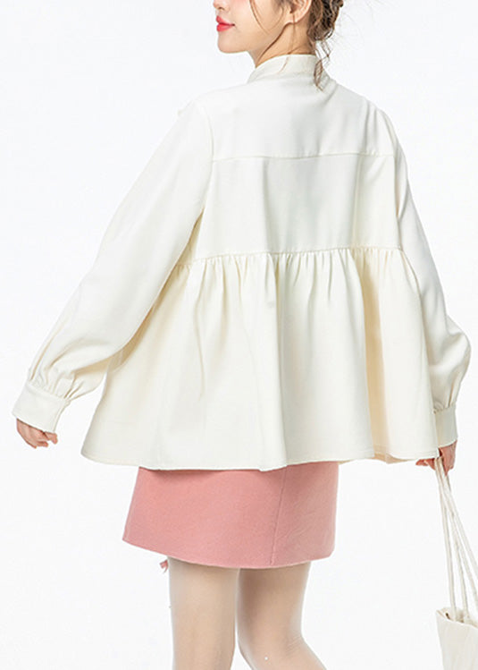French White O-Neck Wrinkled Bow Solid Shirt Spring LY0801 - fabuloryshop