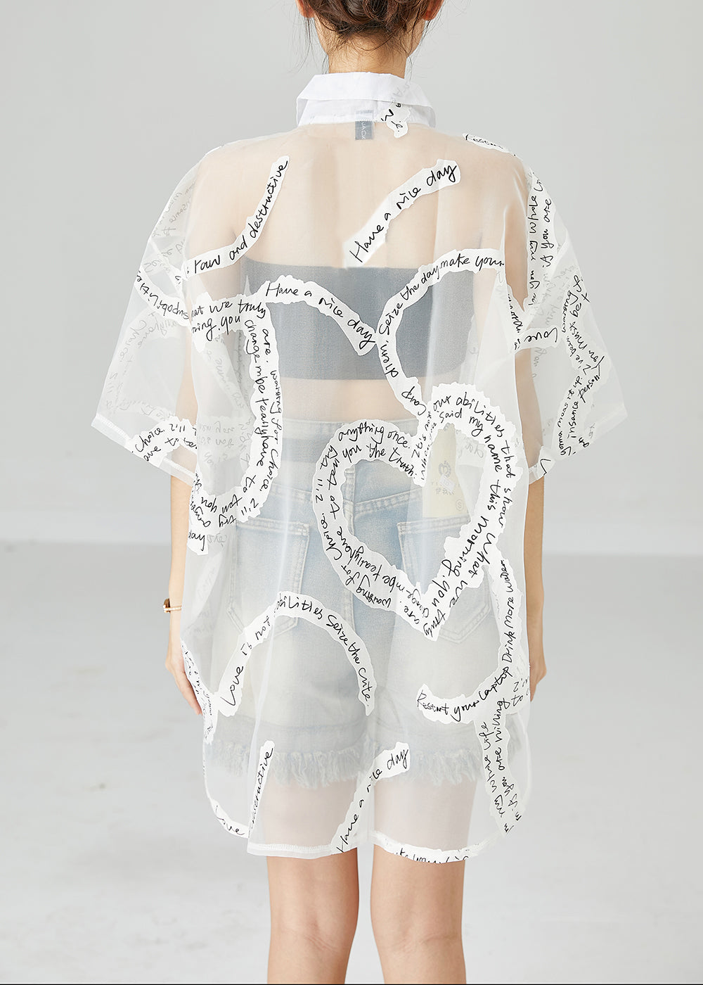 French White Oversized Letter Print Tulle UPF 50+ Coat Jacket Summer LY2471 - fabuloryshop