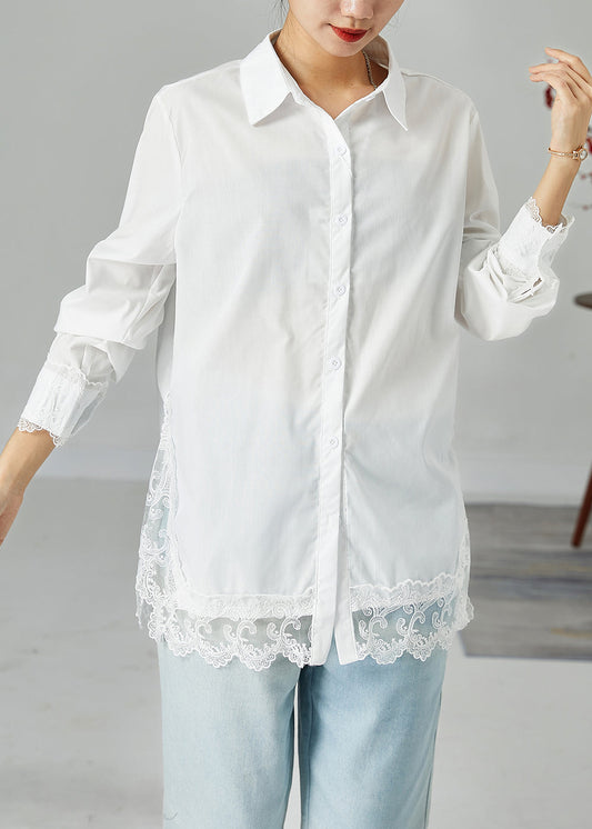 French White Peter Pan Collar Lace Patchwork Side Open Cotton Shirt Top Spring LY2463 - fabuloryshop