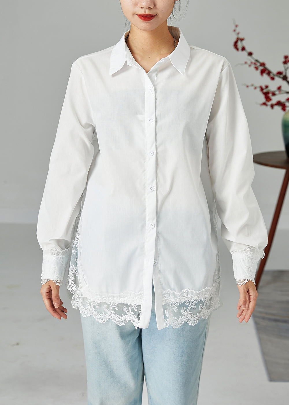 French White Peter Pan Collar Lace Patchwork Side Open Cotton Shirt Top Spring LY2463 - fabuloryshop