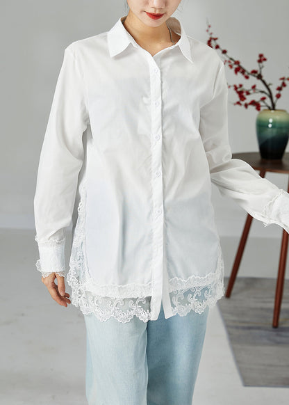 French White Peter Pan Collar Lace Patchwork Side Open Cotton Shirt Top Spring LY2463 - fabuloryshop