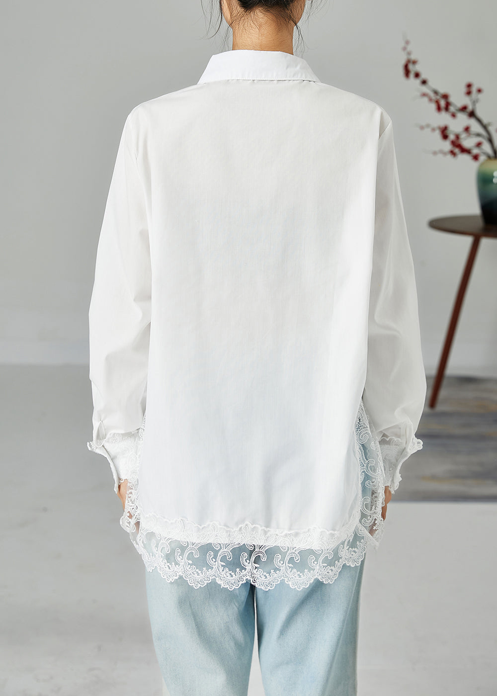 French White Peter Pan Collar Lace Patchwork Side Open Cotton Shirt Top Spring LY2463 - fabuloryshop