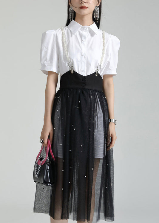 French White Peter Pan Collar Shirt Dresses And Tulle Skirt Two Pieces Set Summer Ada Fashion