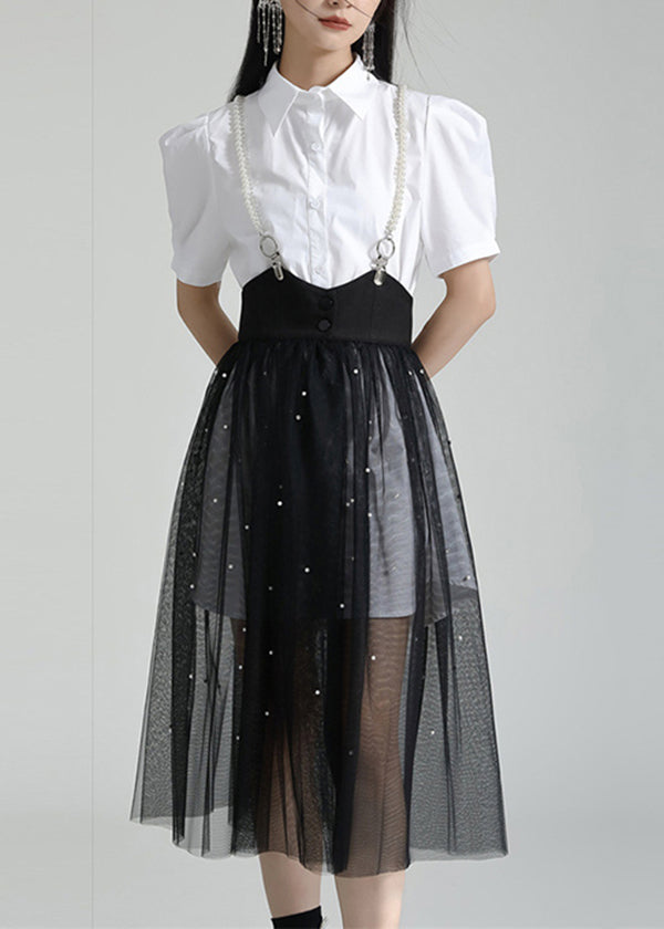 French White Peter Pan Collar Shirt Dresses And Tulle Skirt Two Pieces Set Summer Ada Fashion