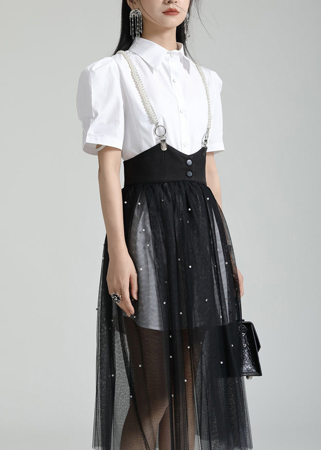 French White Peter Pan Collar Shirt Dresses And Tulle Skirt Two Pieces Set Summer Ada Fashion