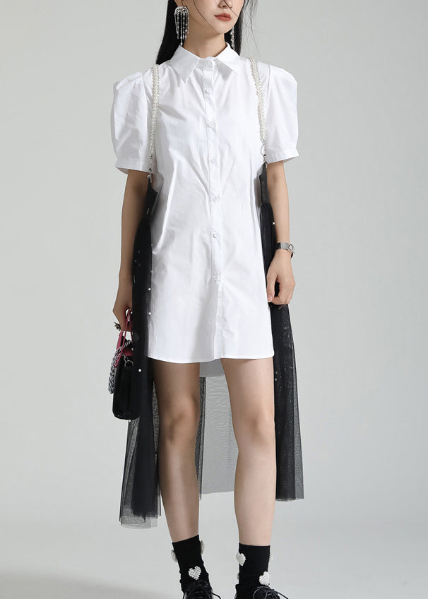 French White Peter Pan Collar Shirt Dresses And Tulle Skirt Two Pieces Set Summer Ada Fashion