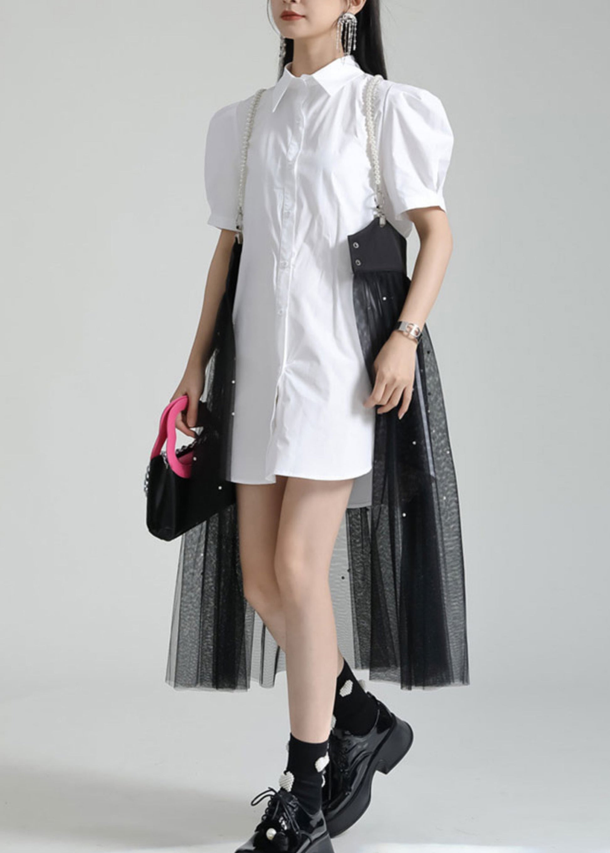 French White Peter Pan Collar Shirt Dresses And Tulle Skirt Two Pieces Set Summer Ada Fashion