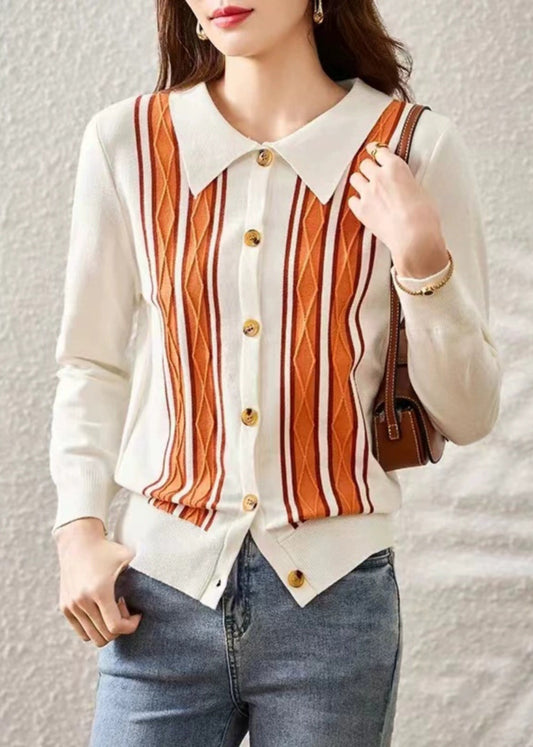 White Striped Patchwork Knit Sweaters Fall