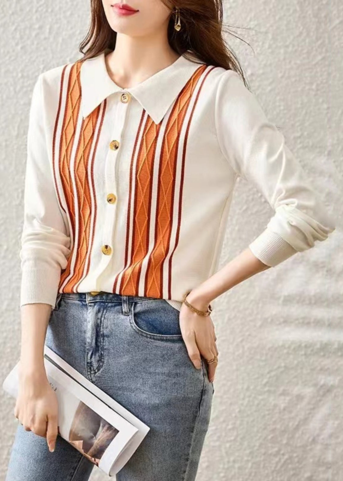 White Striped Patchwork Knit Sweaters Fall