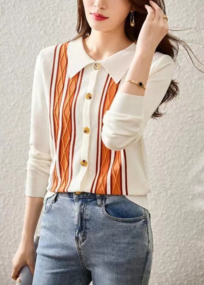 White Striped Patchwork Knit Sweaters Fall