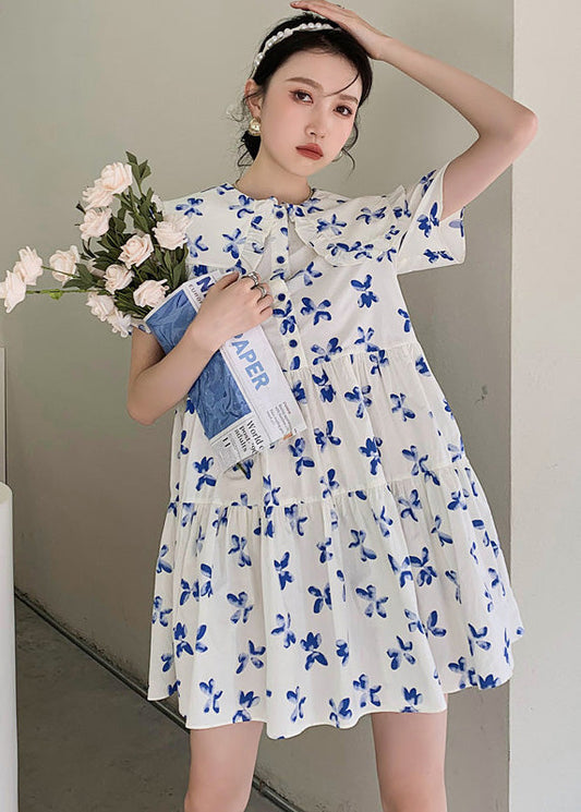 French White Peter Pan Collar Wrinkled Patchwork Print Cotton Shirt Dress Short Sleeve Ada Fashion