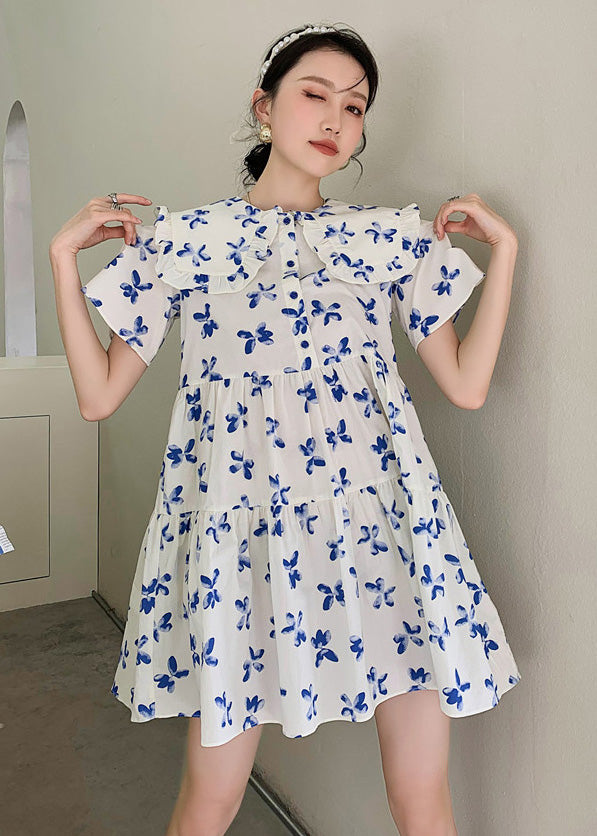 French White Peter Pan Collar Wrinkled Patchwork Print Cotton Shirt Dress Short Sleeve Ada Fashion