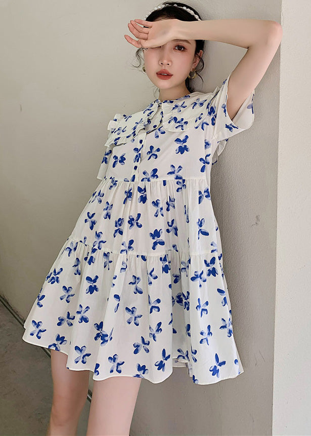 French White Peter Pan Collar Wrinkled Patchwork Print Cotton Shirt Dress Short Sleeve Ada Fashion