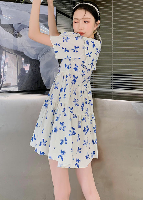French White Peter Pan Collar Wrinkled Patchwork Print Cotton Shirt Dress Short Sleeve Ada Fashion