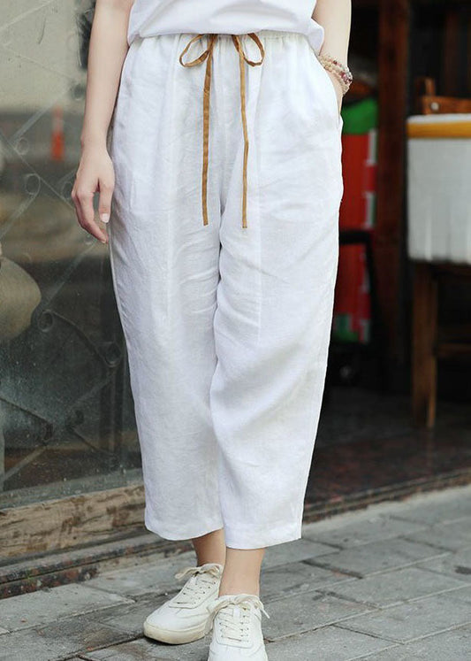 French White Pockets Patchwork Elastic Waist Cotton Straight Pants Summer LY0586 - fabuloryshop