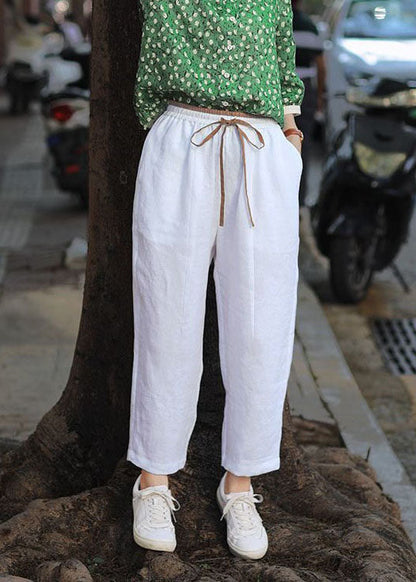 French White Pockets Patchwork Elastic Waist Cotton Straight Pants Summer LY0586 - fabuloryshop