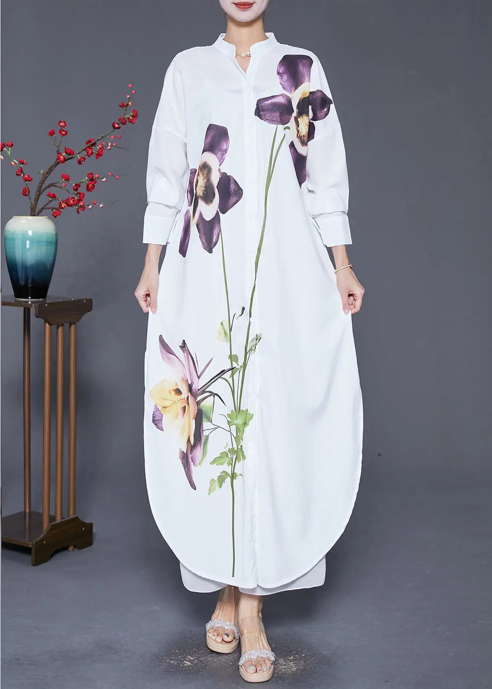 French White Print Side Open Chiffon Long Shirts Dress Fall Ada Fashion