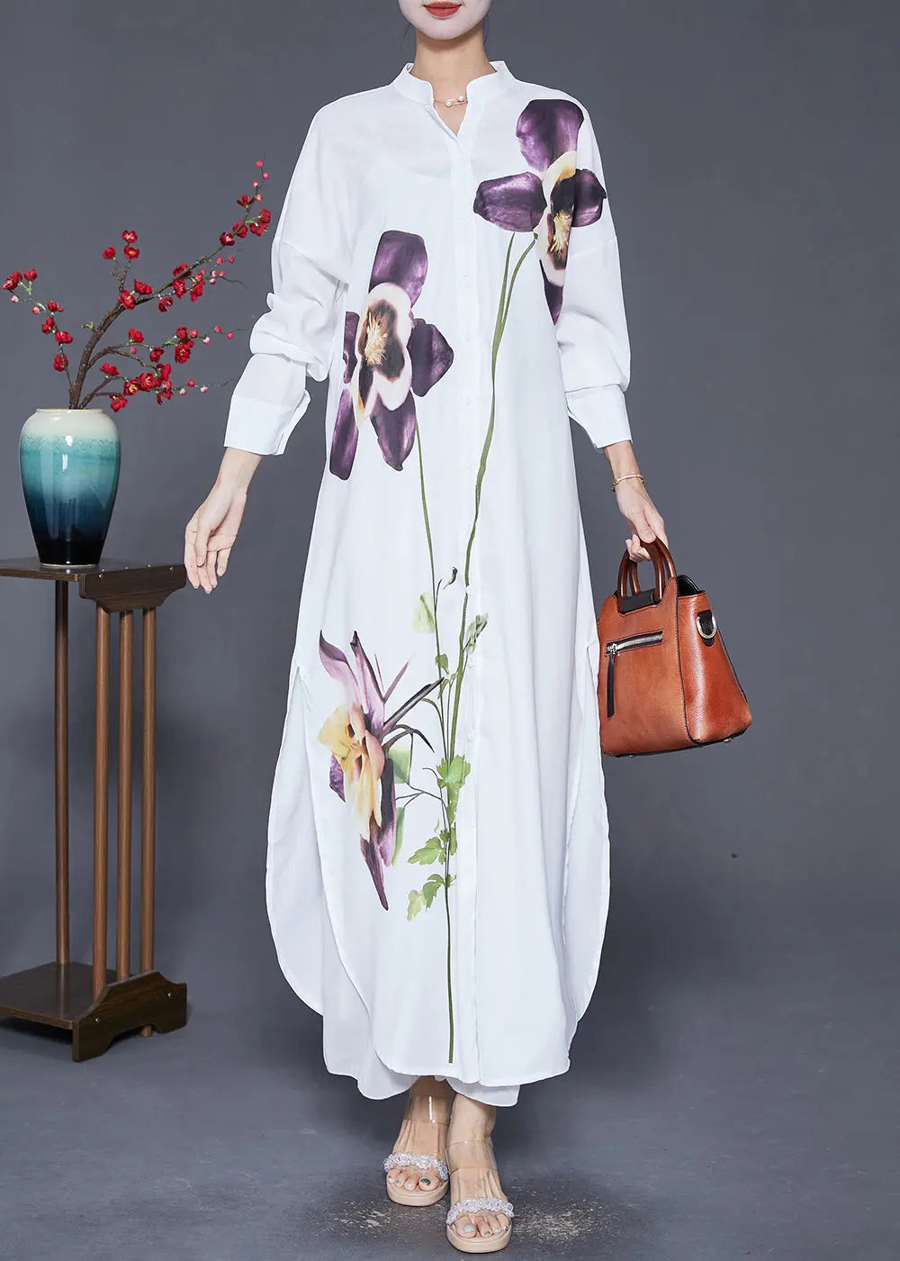 French White Print Side Open Chiffon Long Shirts Dress Fall Ada Fashion