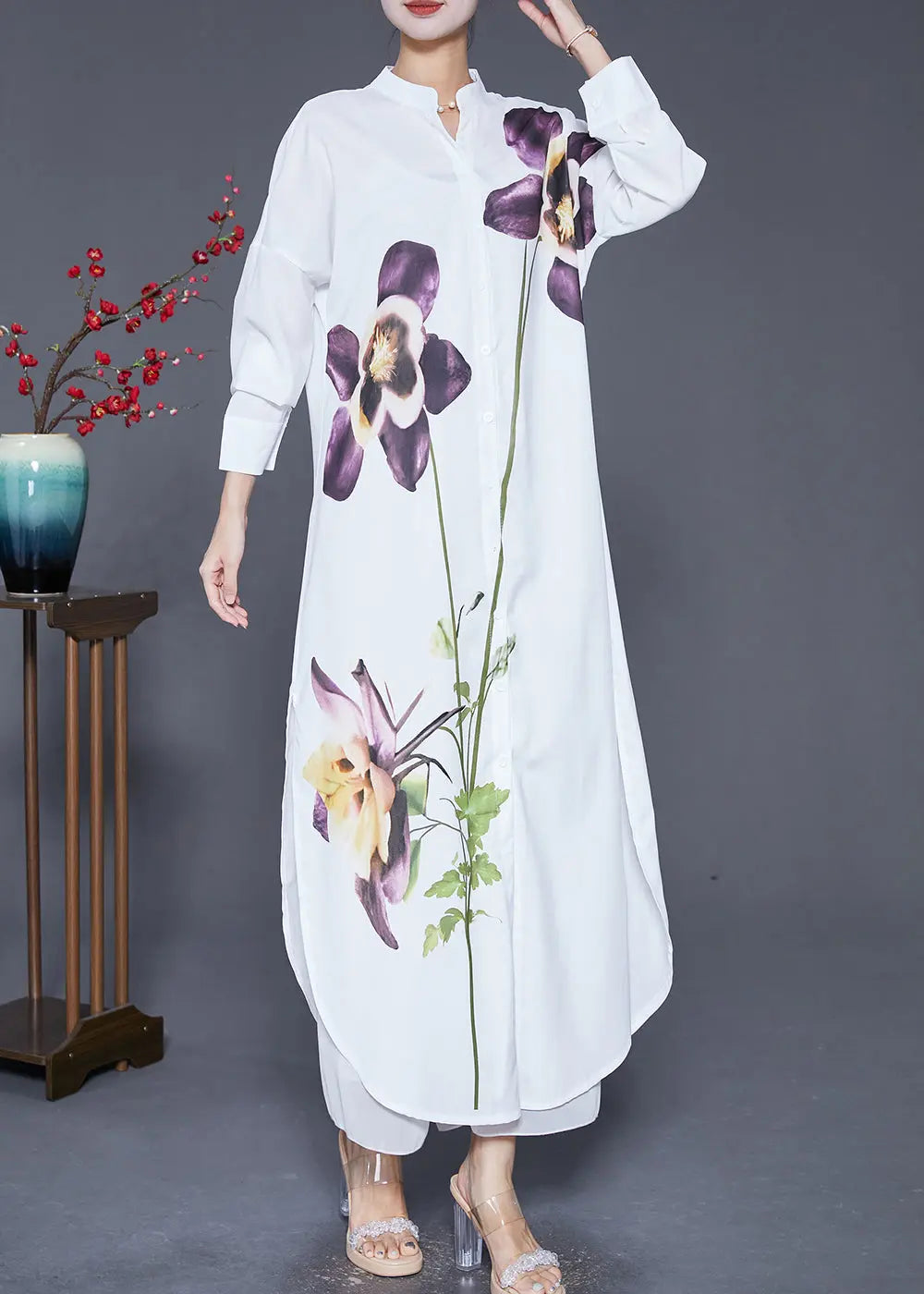 French White Print Side Open Chiffon Long Shirts Dress Fall Ada Fashion