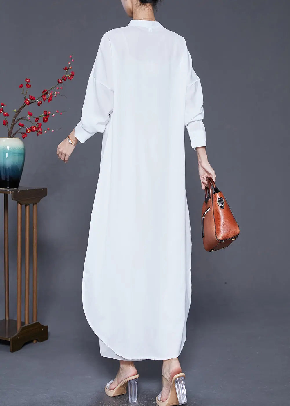 French White Print Side Open Chiffon Long Shirts Dress Fall Ada Fashion