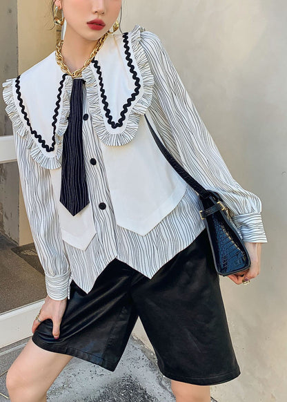 French White Ruffled Striped Patchwork Cotton Shirts Springs LY0777 - fabuloryshop