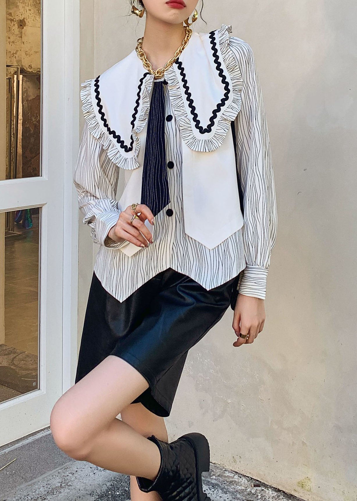 French White Ruffled Striped Patchwork Cotton Shirts Springs LY0777 - fabuloryshop