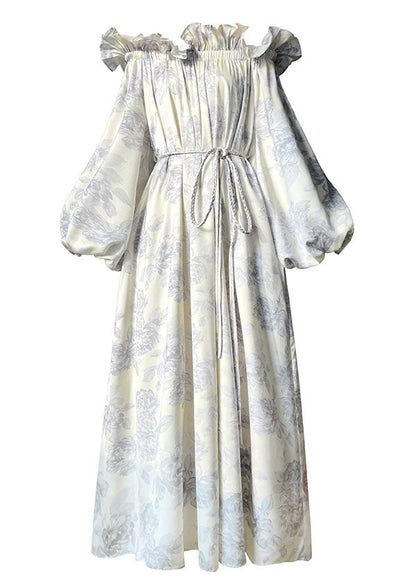 French White Slash Neck Ruffles Lantern Sleeve Print Silk Maxi Dress LC0495 - fabuloryshop