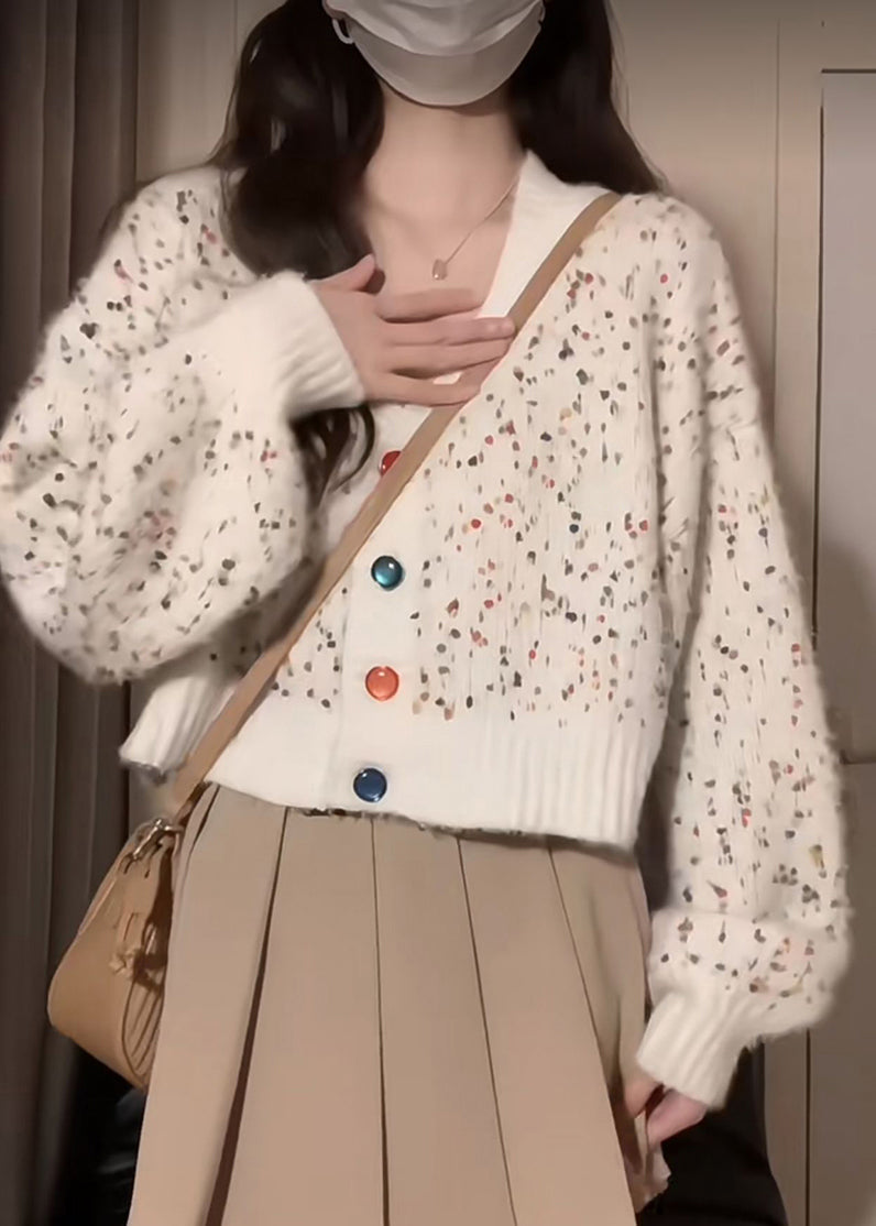 French White V Neck Button Patchwork Knit Loose Cardigan Fall Ada Fashion