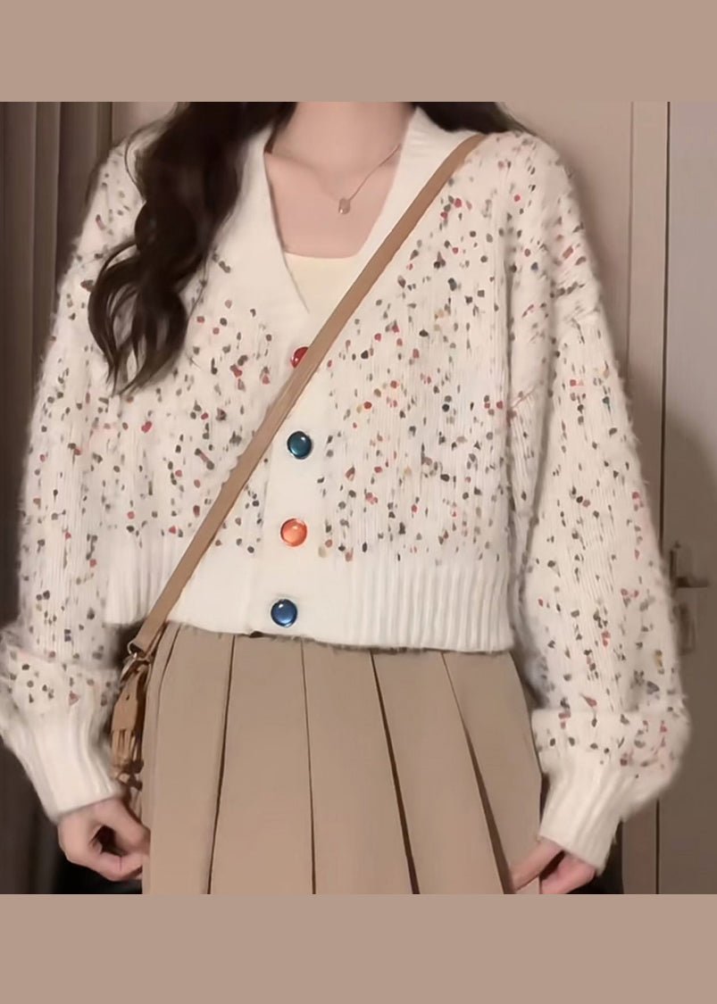 French White V Neck Button Patchwork Knit Loose Cardigan Fall Ada Fashion