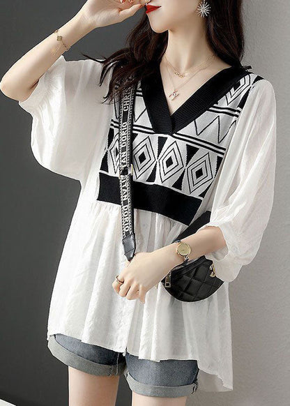 French White V Neck Knit Patchwork Cotton Fake Two Piece Shirt Top Half Sleeve LY1480 - fabuloryshop