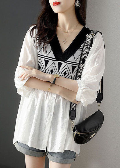 French White V Neck Knit Patchwork Cotton Fake Two Piece Shirt Top Half Sleeve LY1480 - fabuloryshop