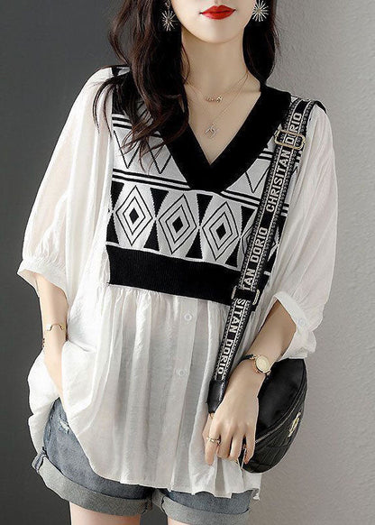 French White V Neck Knit Patchwork Cotton Fake Two Piece Shirt Top Half Sleeve LY1480 - fabuloryshop