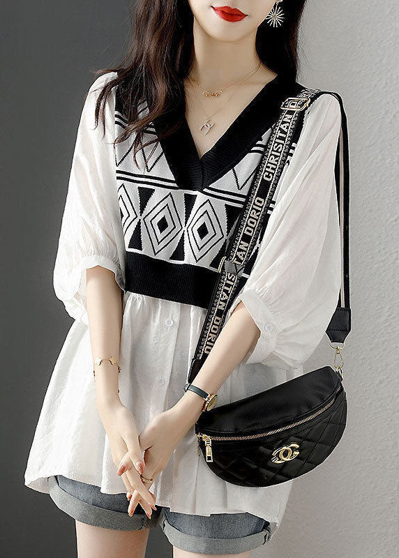 French White V Neck Knit Patchwork Cotton Fake Two Piece Shirt Top Half Sleeve LY1480 - fabuloryshop