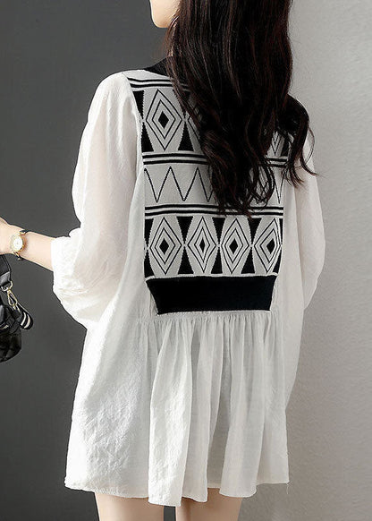 French White V Neck Knit Patchwork Cotton Fake Two Piece Shirt Top Half Sleeve LY1480 - fabuloryshop